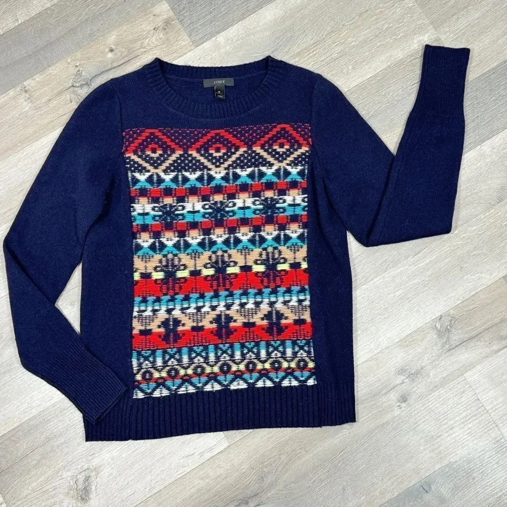 J. Crew Aztec Fair‎ Isle Jacquard Stich Wool Sweater Blue XS Crewneck Pullover